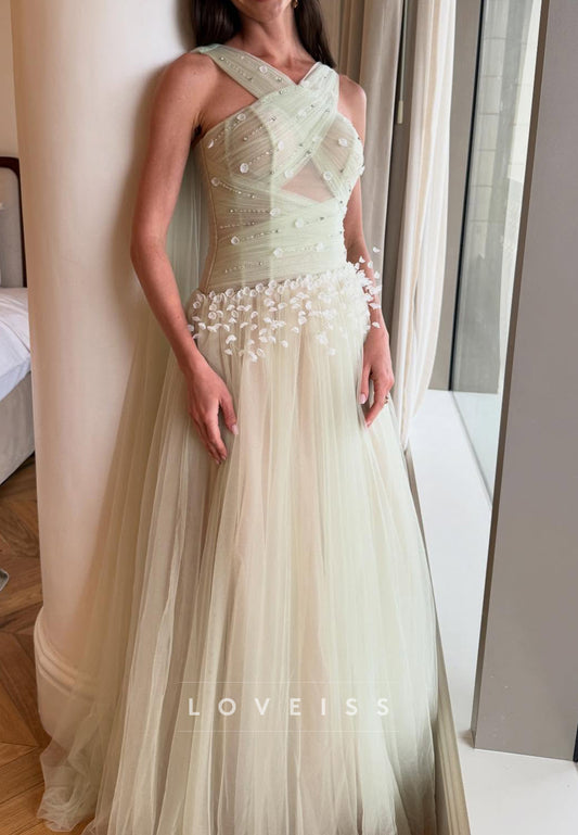 Asymmetrical Floral Embellished Tulle A-Line Prom Dress