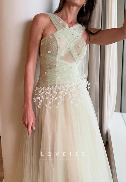 Asymmetrical Floral Embellished Tulle A-Line Prom Dress
