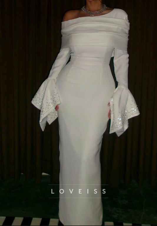 Asymmetrical Long Sleeves Beaded Sleek Mermaid Evening Dress