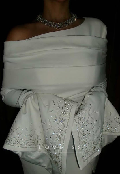 Asymmetrical Long Sleeves Beaded Sleek Mermaid Evening Dress