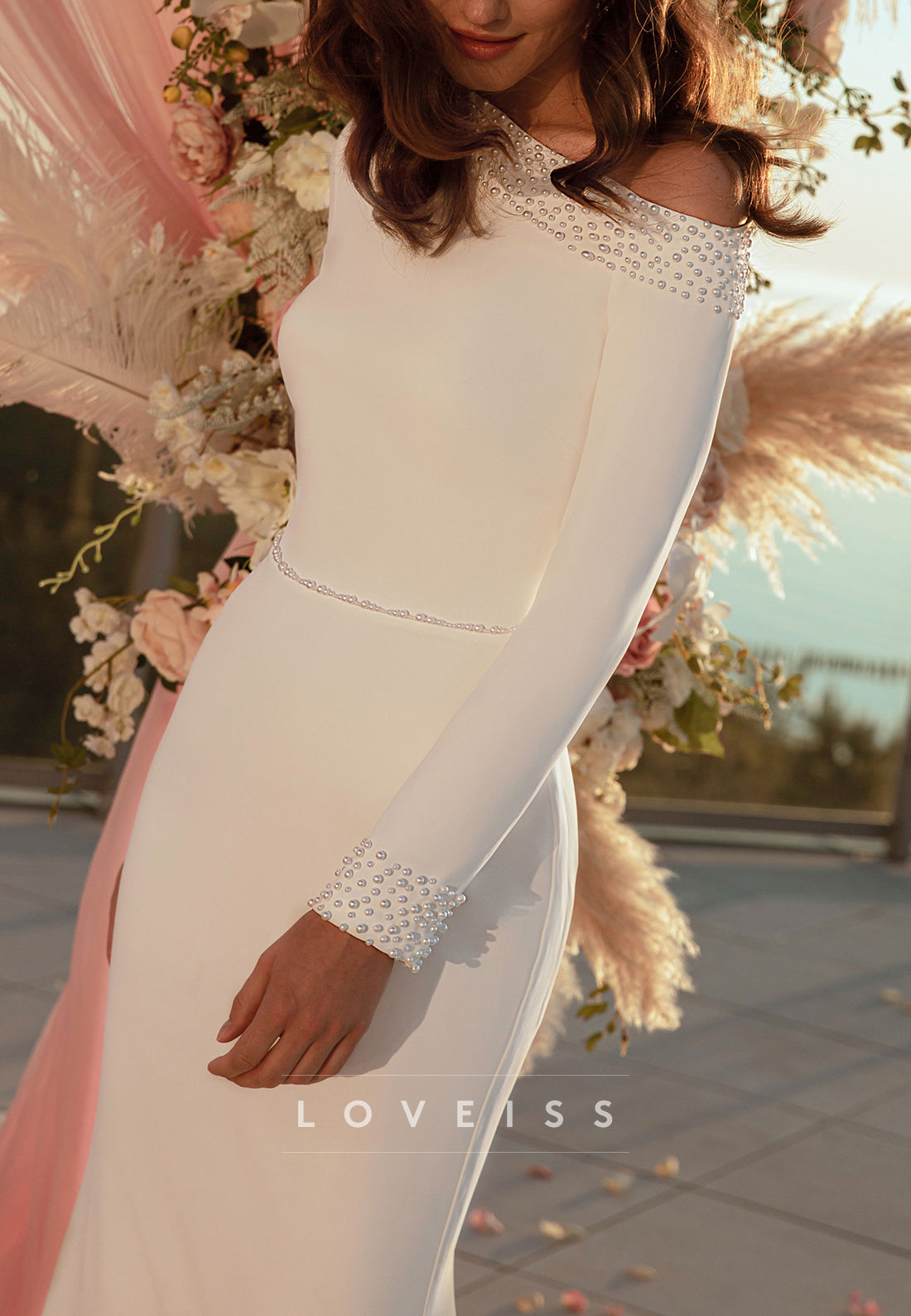 Asymmetrical Long Sleeves Beaded Sleek Mermaid Weddding Dress