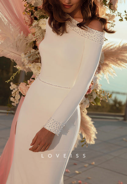 Asymmetrical Long Sleeves Beaded Sleek Mermaid Weddding Dress