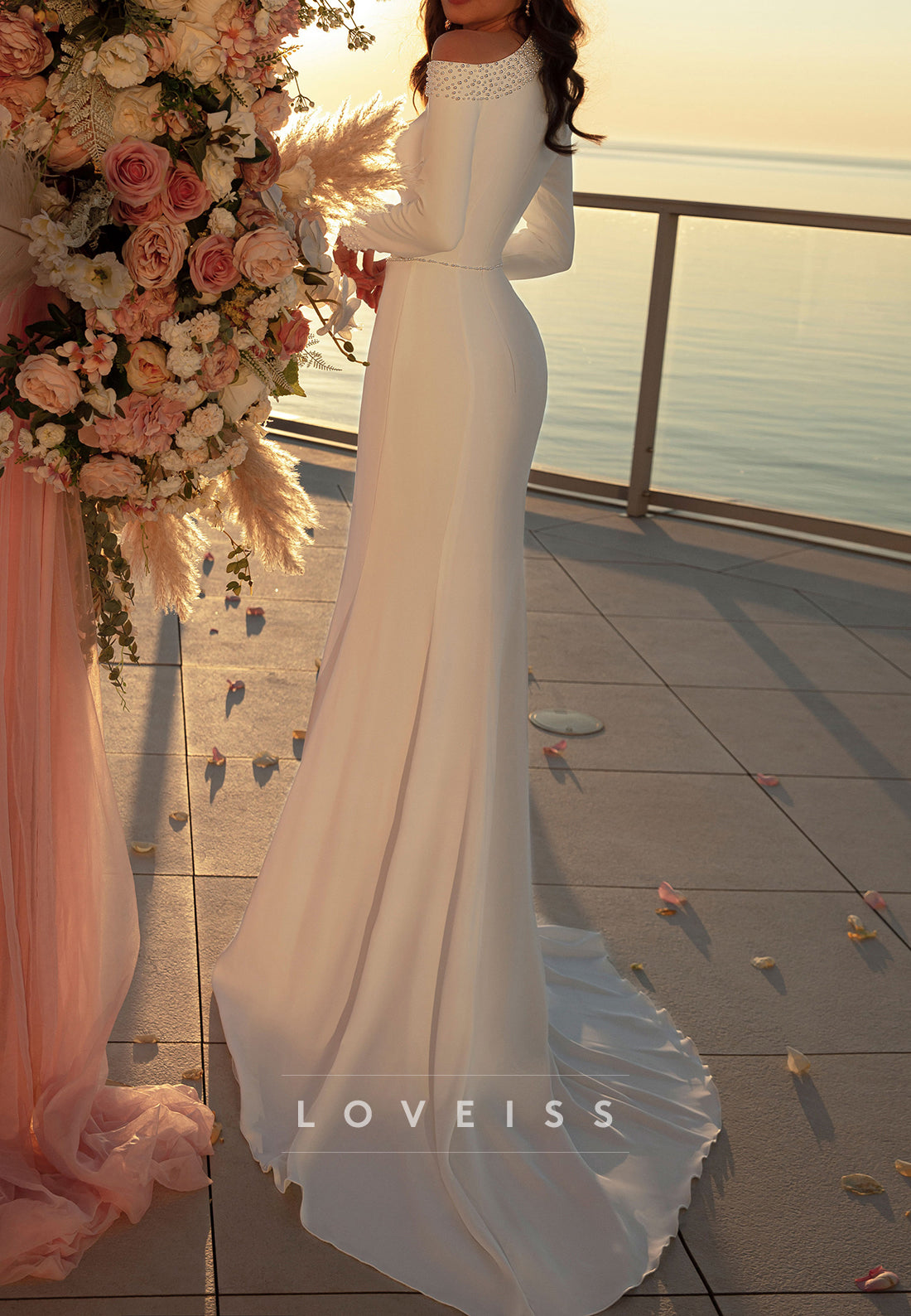 Asymmetrical Long Sleeves Beaded Sleek Mermaid Weddding Dress