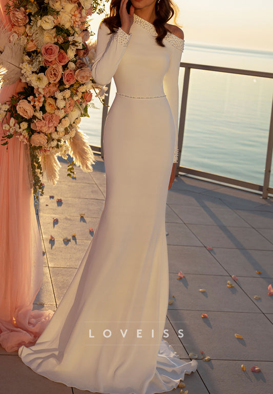 Asymmetrical Long Sleeves Beaded Sleek Mermaid Weddding Dress