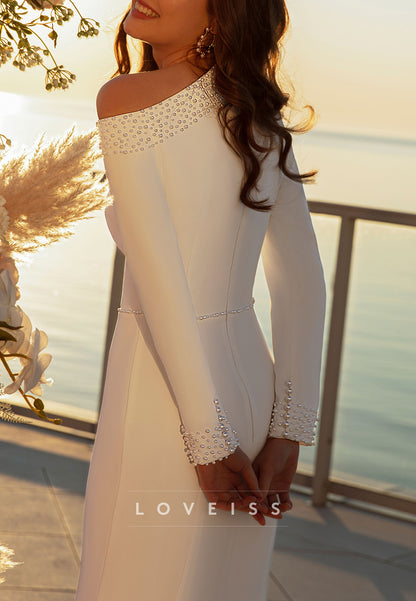 Asymmetrical Long Sleeves Beaded Sleek Mermaid Weddding Dress