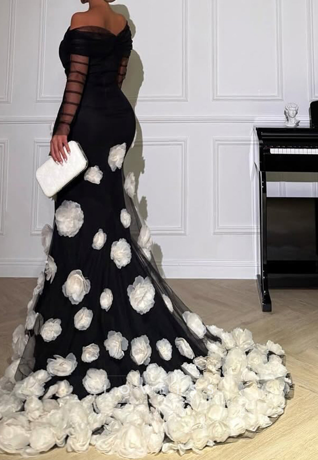 Asymmetrical Long Sleeves Floral Embellished Mermaid Evening Dress