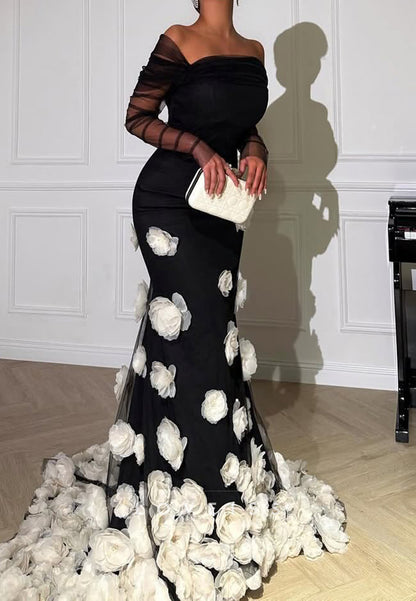 Asymmetrical Long Sleeves Floral Embellished Mermaid Evening Dress