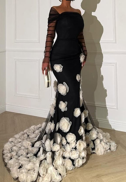 Asymmetrical Long Sleeves Floral Embellished Mermaid Evening Dress