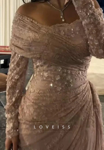 Asymmetrical Long Sleeves Lace Appliques Mermaid Evening Dress