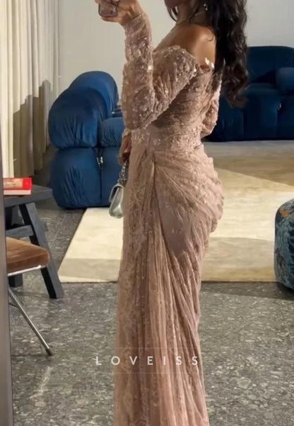 Asymmetrical Long Sleeves Lace Appliques Mermaid Evening Dress