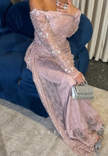 Asymmetrical Long Sleeves Lace Appliques Mermaid Evening Dress