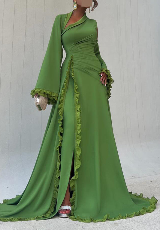 Asymmetrical Long Sleeves Pleated A-Line Evening Dress