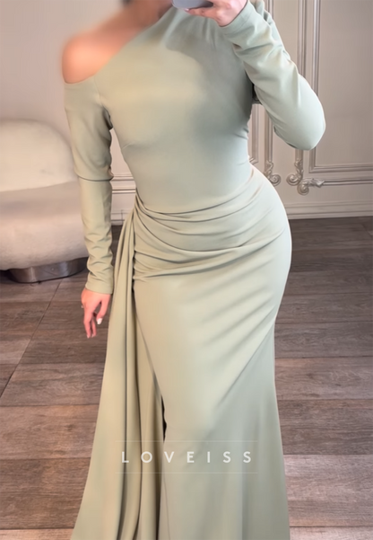 Asymmetrical Long Sleeves Pleated Mermaid Formal Dress