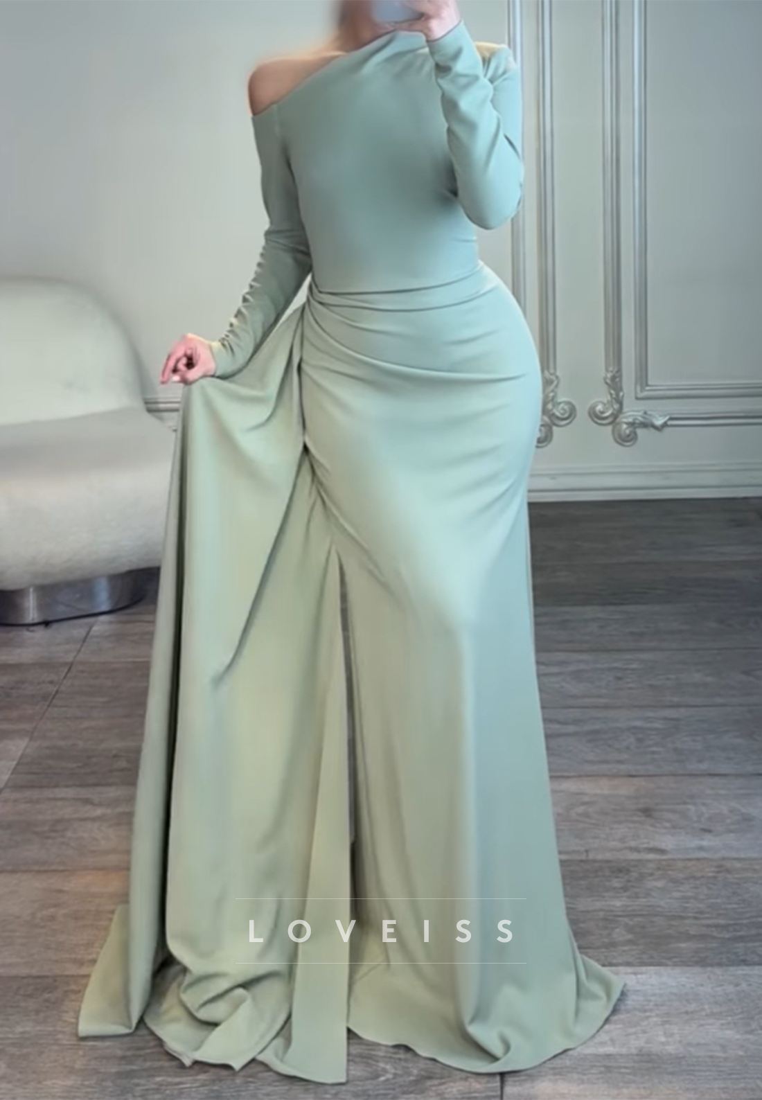 Asymmetrical Long Sleeves Pleated Mermaid Formal Dress