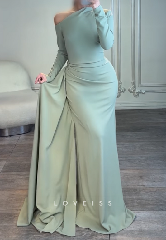 Asymmetrical Long Sleeves Pleated Mermaid Formal Dress