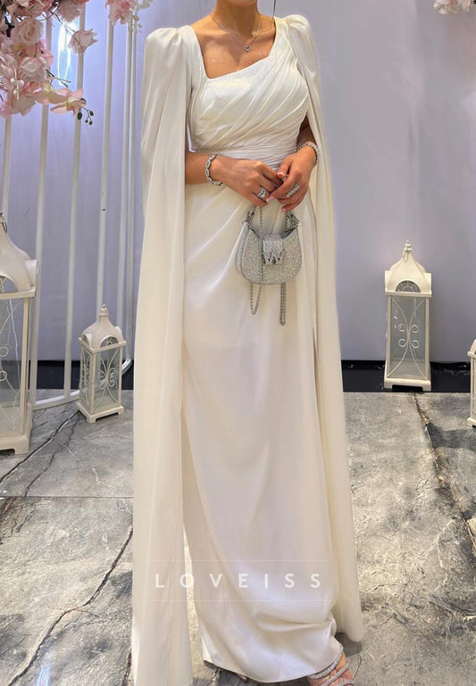 Asymmetrical Long Sleeves Pleated Sheath Evening Dress
