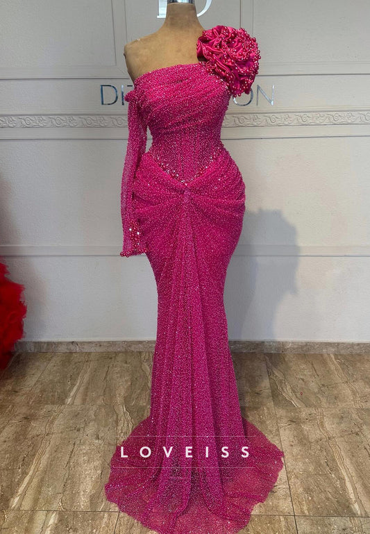 Asymmetrical Long Sleeves Sequins Pleated Mermaid Prom Dress