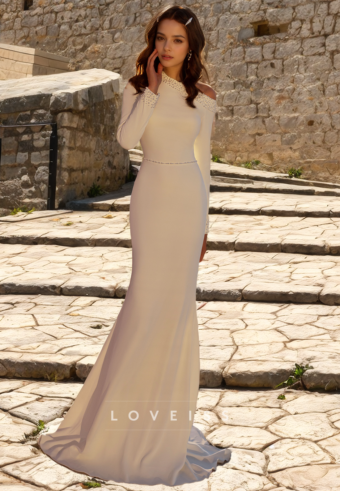 Asymmetrical Long Sleeves Sleek Mermaid Beach Wedding Dress