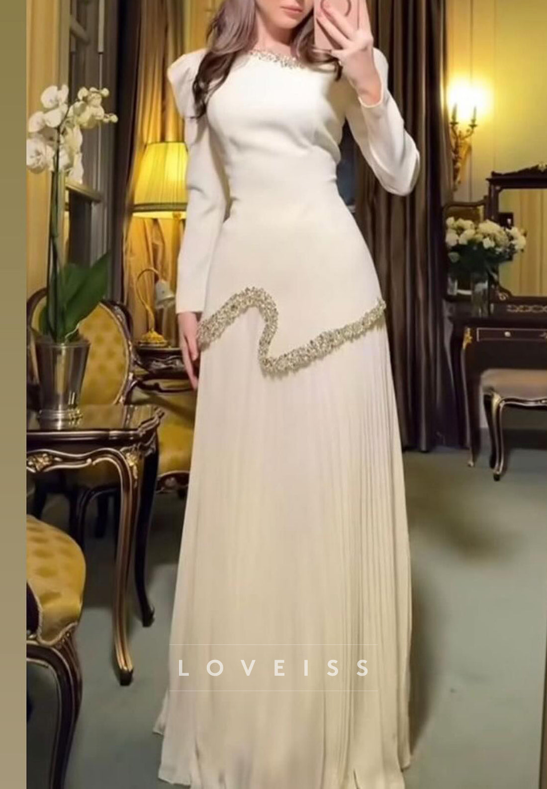 Asymmetrical Long Sleeves Sleek Pleated A-Line Formal Dress