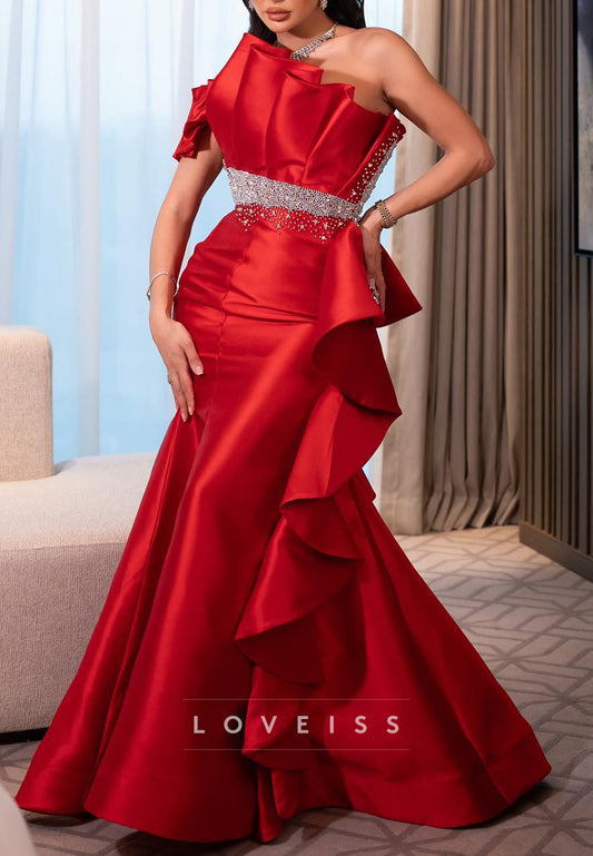 Asymmetrical Pleated Beaded Mermaid Satin Evening Dress