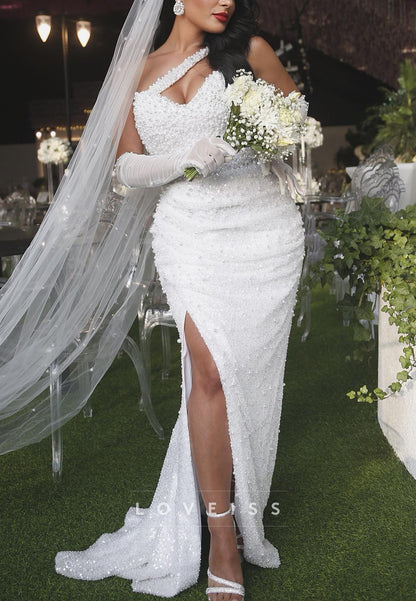 Asymmetrical Sequins Beaded Side Slit Sheath Wedding Dress