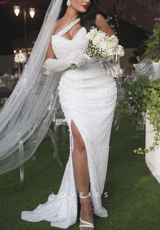 Asymmetrical Sequins Beaded Side Slit Sheath Wedding Dress