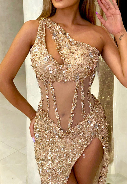 Asymmetrical Sequins Side Slit Sparkly Sheath Prom Dress