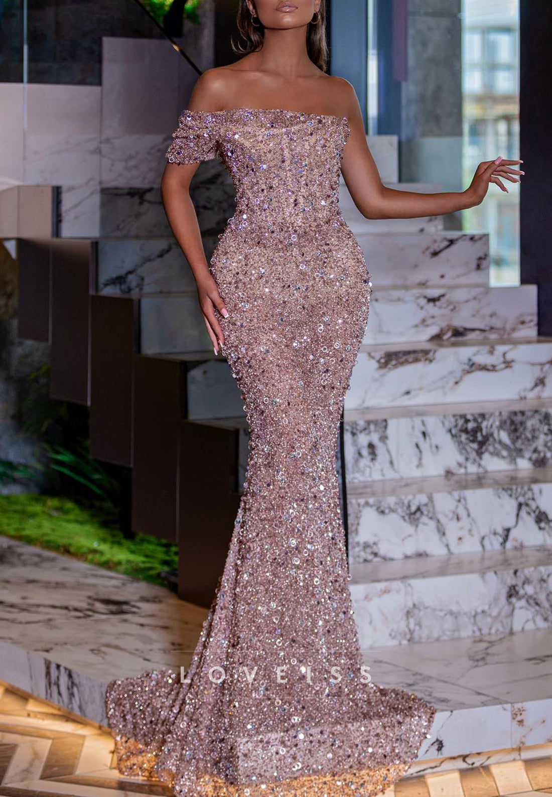 Asymmetrical Sequins Sleeveless Sparkly Mermaid Prom Dress