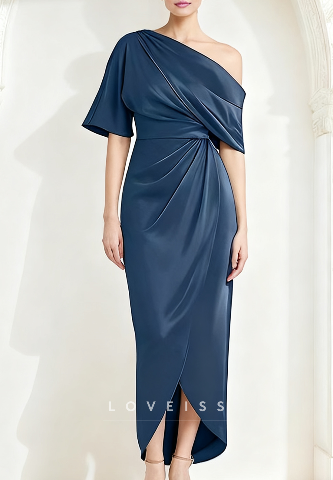Asymmetrical  Short Sleeves Ruched Sheath Mother of Bride Dress
