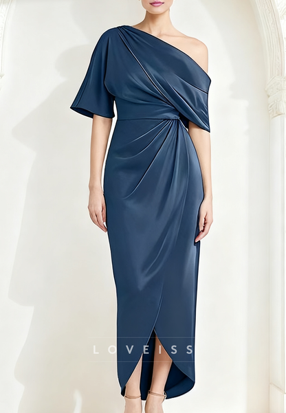Asymmetrical  Short Sleeves Ruched Sheath Mother of Bride Dress
