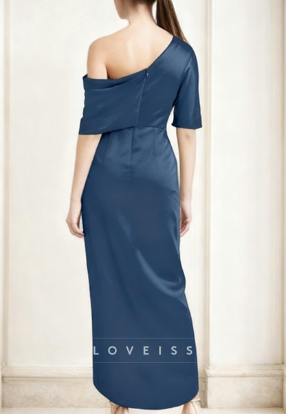 Asymmetrical  Short Sleeves Ruched Sheath Mother of Bride Dress