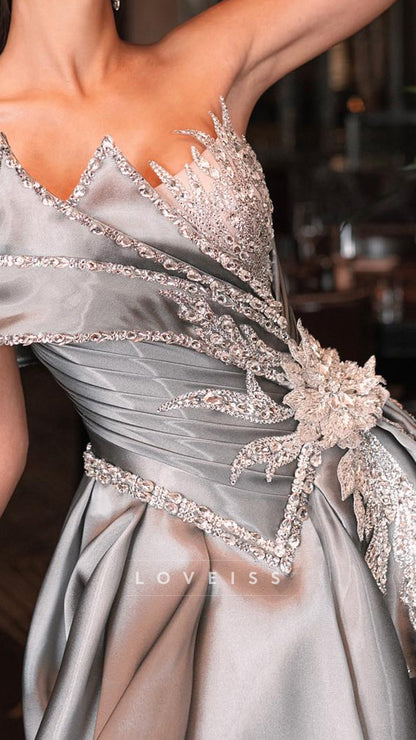 Asymmetrical Sleeveless Appliques Beaded A-Line Satin Evening Dress