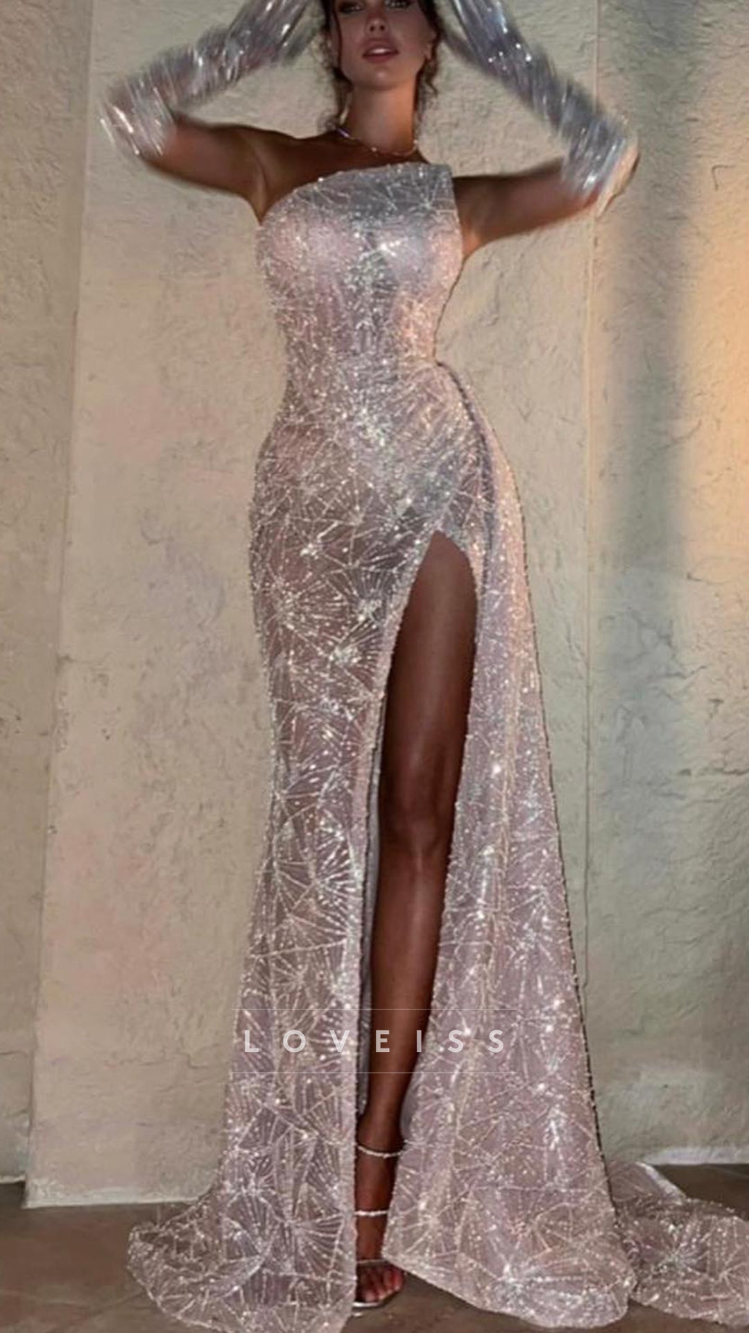 Asymmetrical Sleeveless Beaded Embroidery Sparkly Sheath Prom Dress
