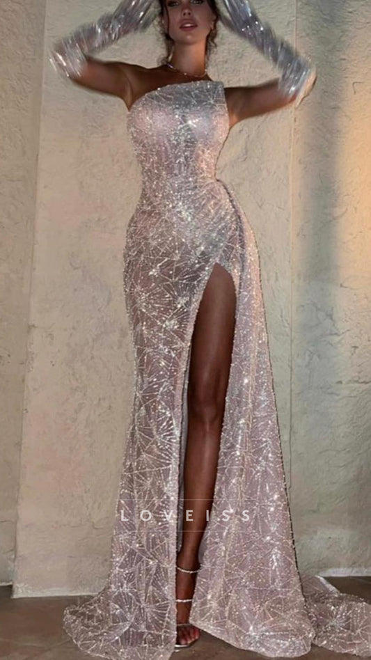 Asymmetrical Sleeveless Beaded Embroidery Sparkly Sheath Prom Dress