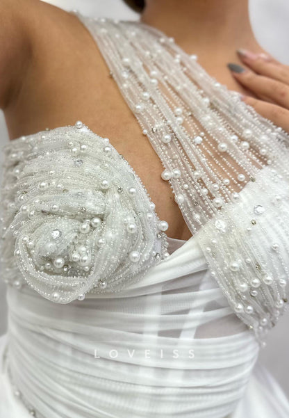 Asymmetrical Sleeveless Beaded Floral A-Line Satin Wedding Dress