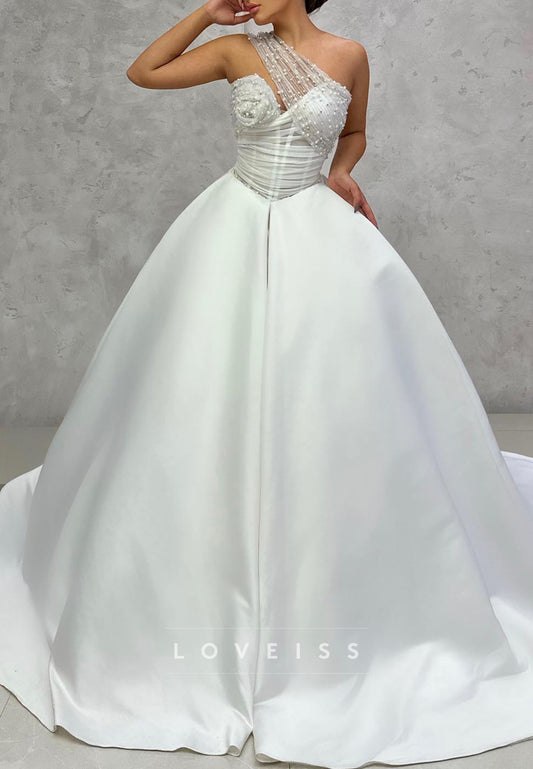 Asymmetrical Sleeveless Beaded Floral A-Line Satin Wedding Dress