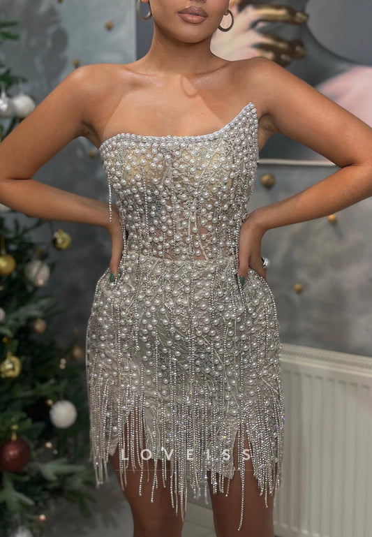 Asymmetrical Sleeveless Beaded Fringe Sheath Sparkly Party Homecoming Dress