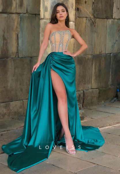 Asymmetrical Sleeveless Beaded Ruchd High Slit Sheath Prom Dress