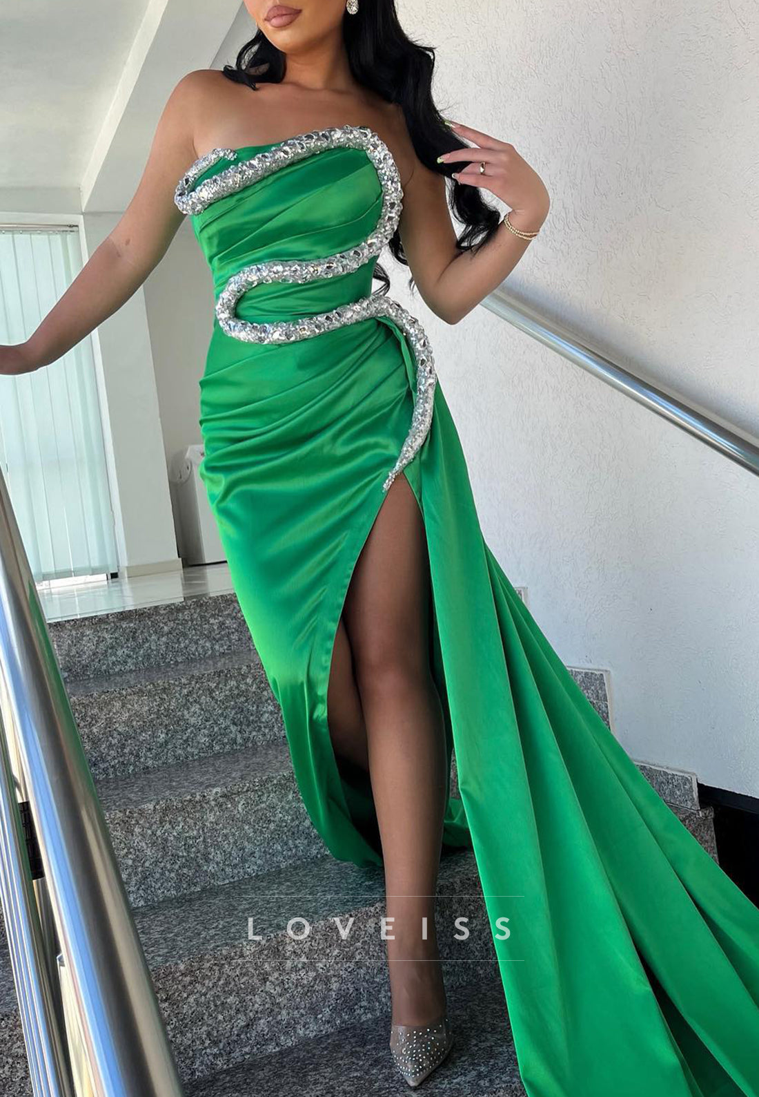 Asymmetrical Sleeveless Beaded Side Slit Pleated Sheath Prom Dress