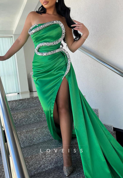 Asymmetrical Sleeveless Beaded Side Slit Pleated Sheath Prom Dress