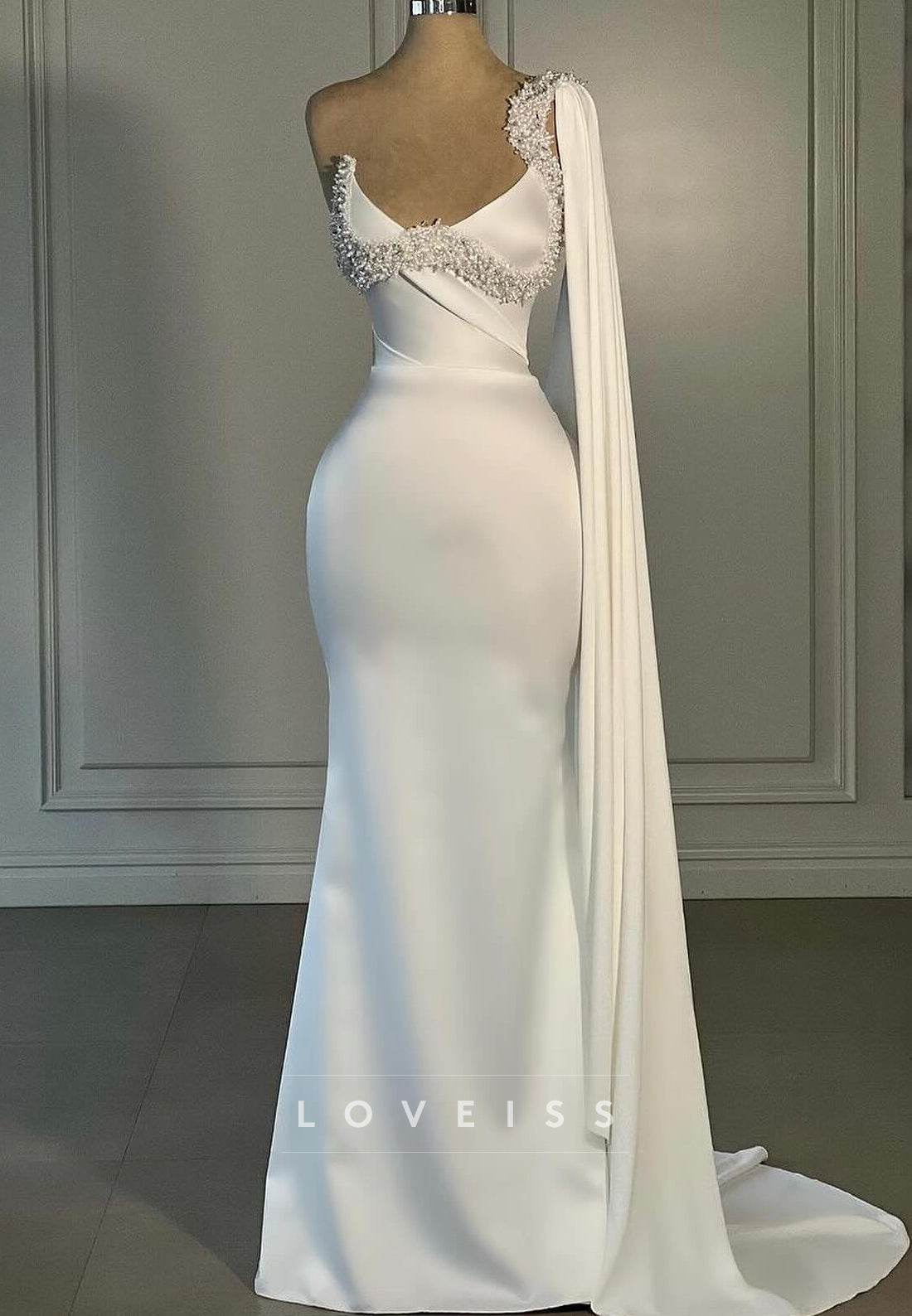 Asymmetrical Sleeveless Beaded Sleek Sheath Wedding Dress