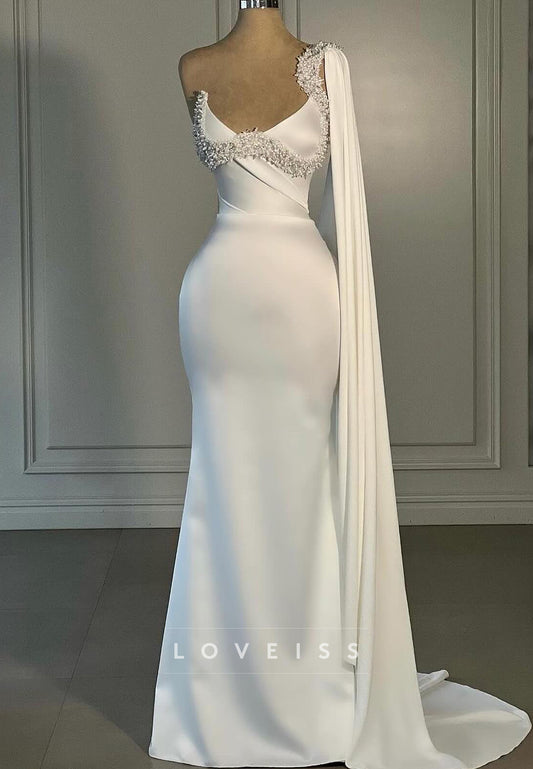 Asymmetrical Sleeveless Beaded Sleek Sheath Wedding Dress