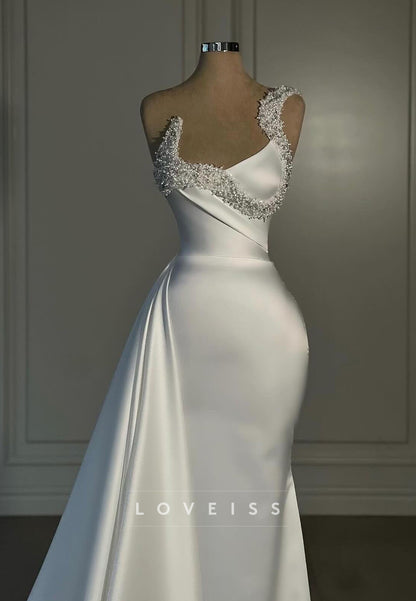 Asymmetrical Sleeveless Beaded Sleek Sheath Wedding Dress