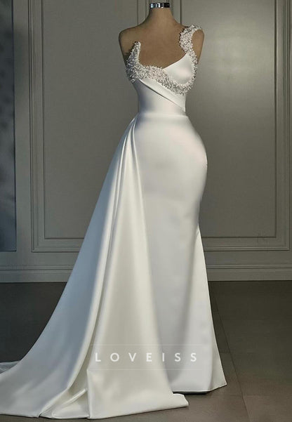Asymmetrical Sleeveless Beaded Sleek Sheath Wedding Dress