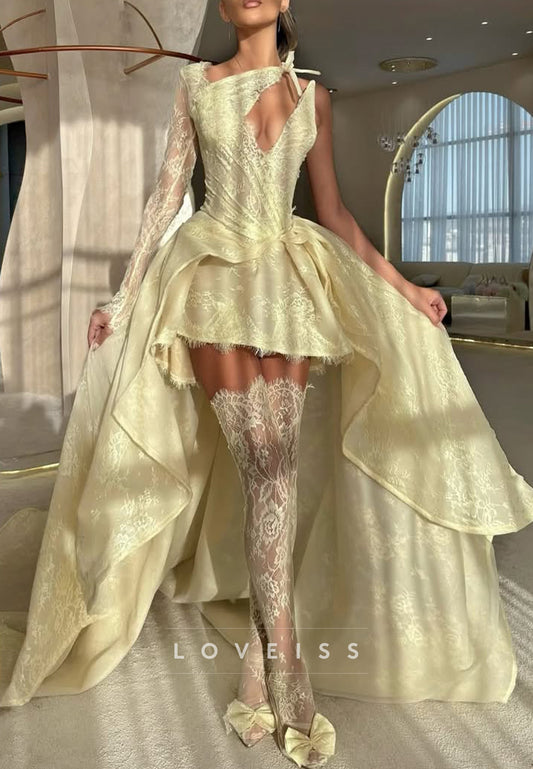 Asymmetrical Sleeveless Lace Appliques A-Line Prom Dress