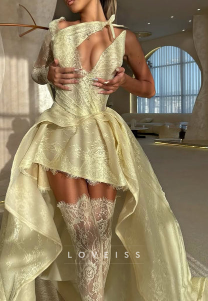 Asymmetrical Sleeveless Lace Appliques A-Line Prom Dress