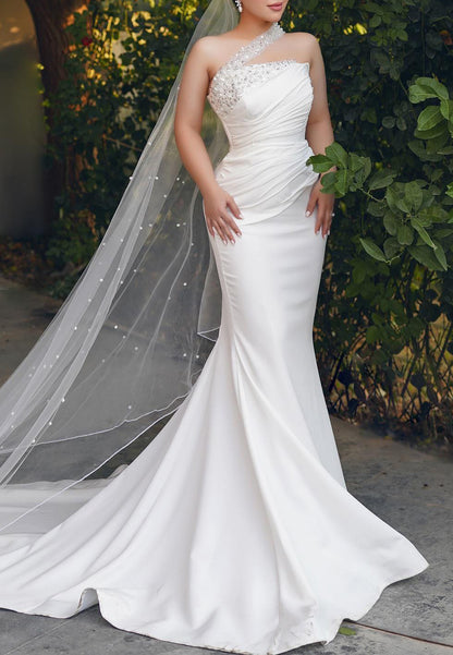 Asymmetrical Sleeveless Pleated Mermaid Wedding Dress