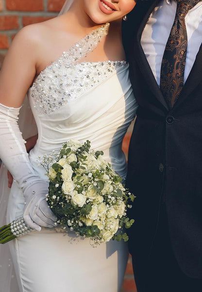 Asymmetrical Sleeveless Pleated Mermaid Wedding Dress
