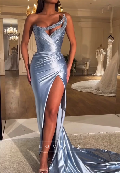Asymmetrical Sleeveless Pleated Side Slit Mermaid Prom Dress