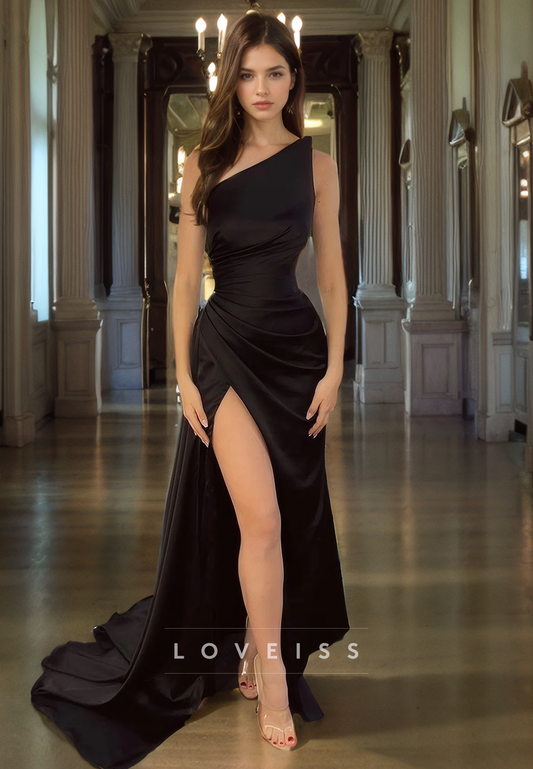 Asymmetrical Sleeveless Ruched High Slit Prom Dress